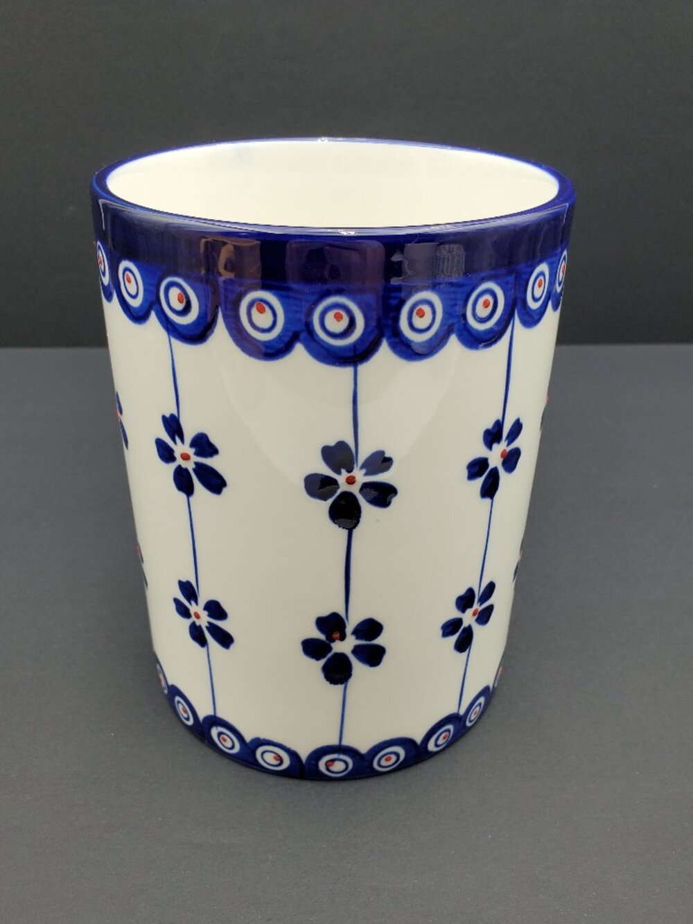 Signature Housewares Blue Pottery Utensil Holder Flowers Daisies Peacock Eyes